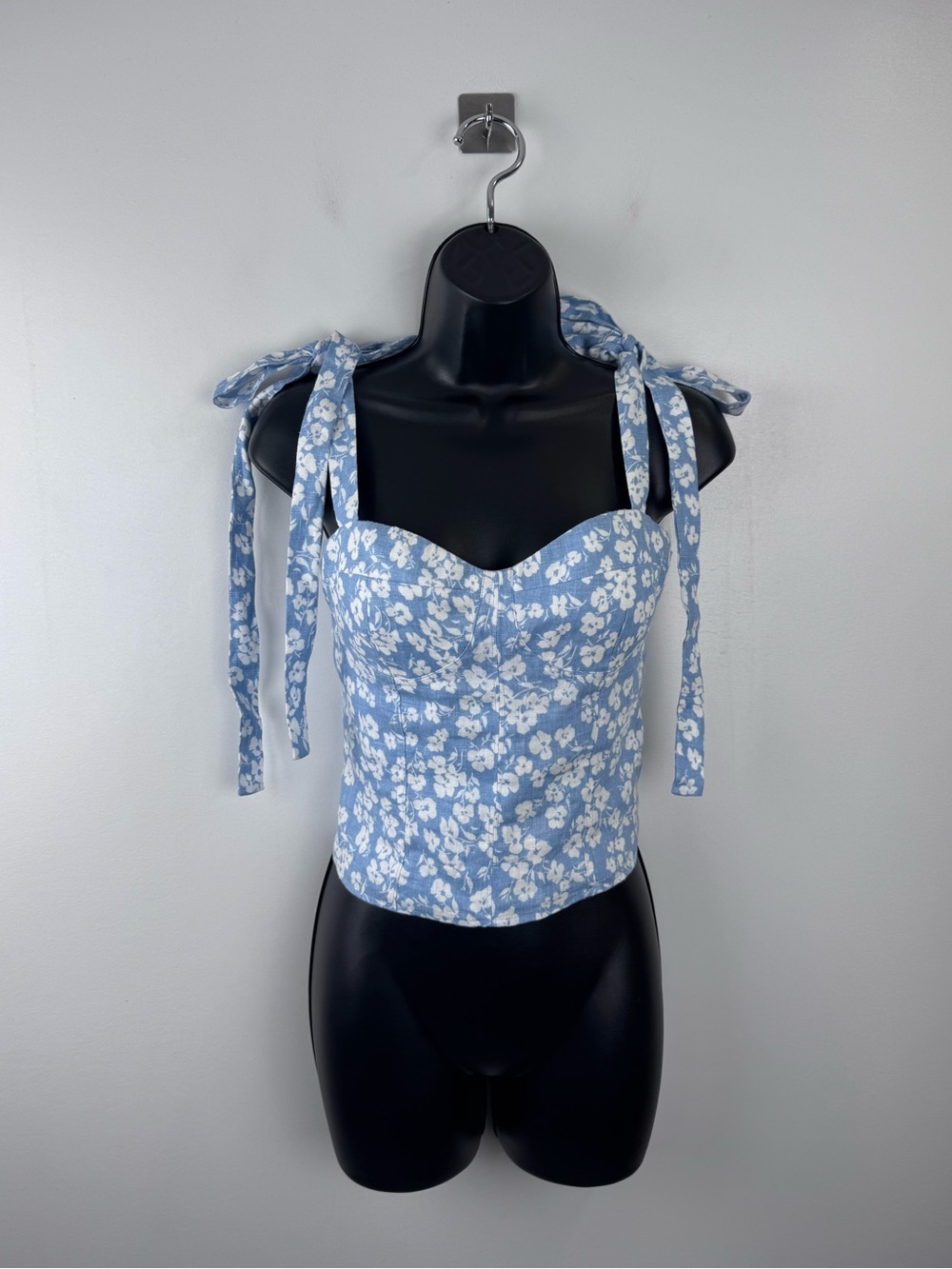 Reformation Blue and White Floral Tie-Shoulder Bustier Top